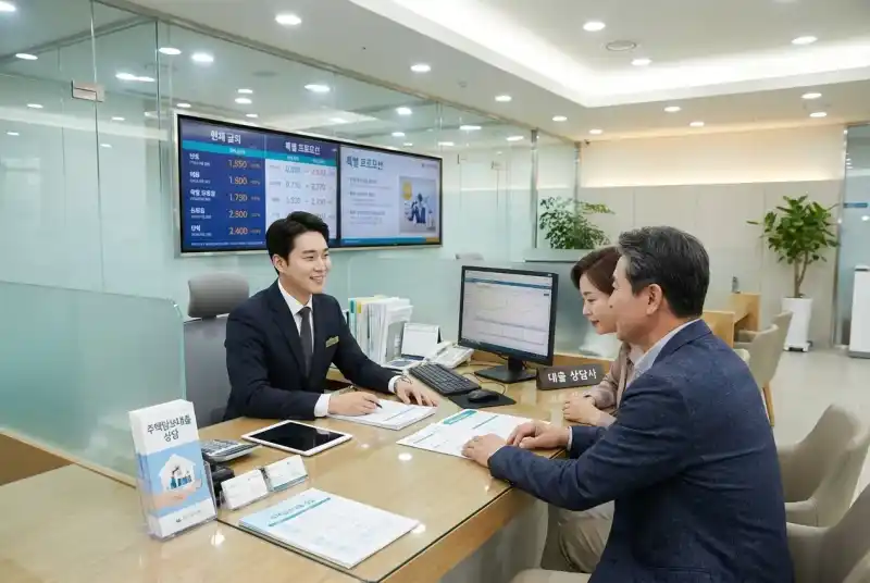  은행 창구에서 대출 상담을 받는 고객의 모습