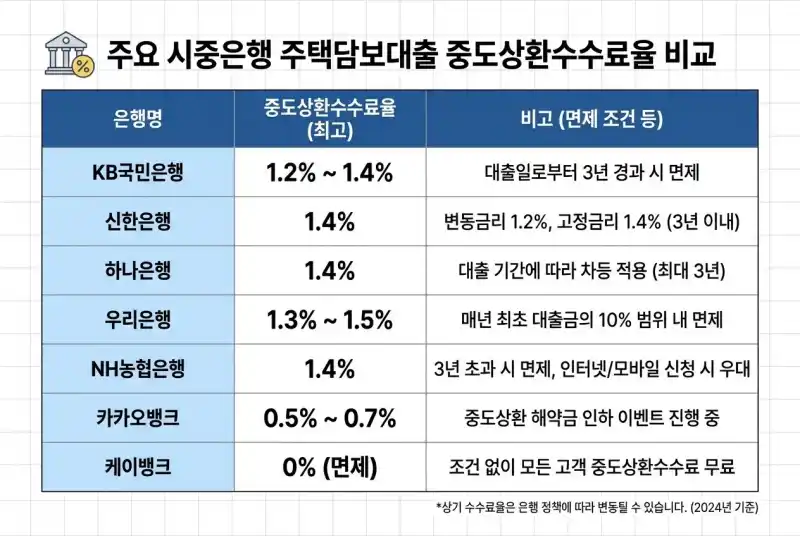 은행별 중도상환수수료율 비교표