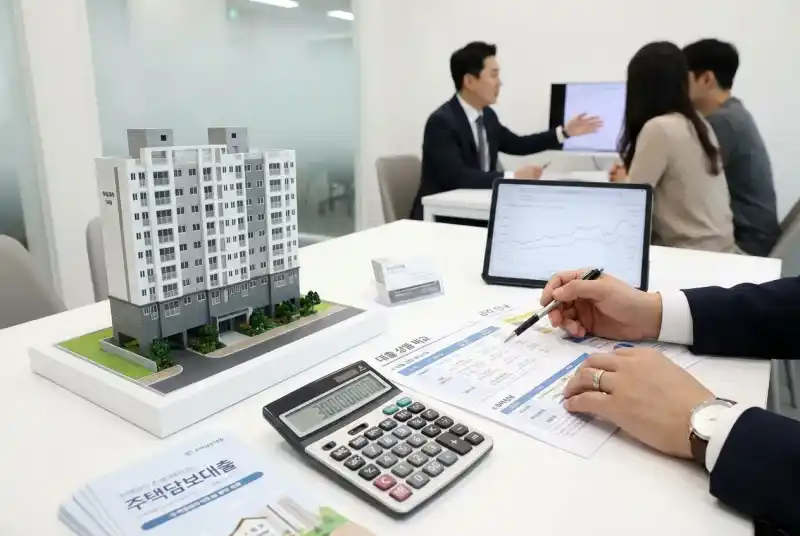 주택 모형과 계산기가 함께 있는 재무 상담 장면