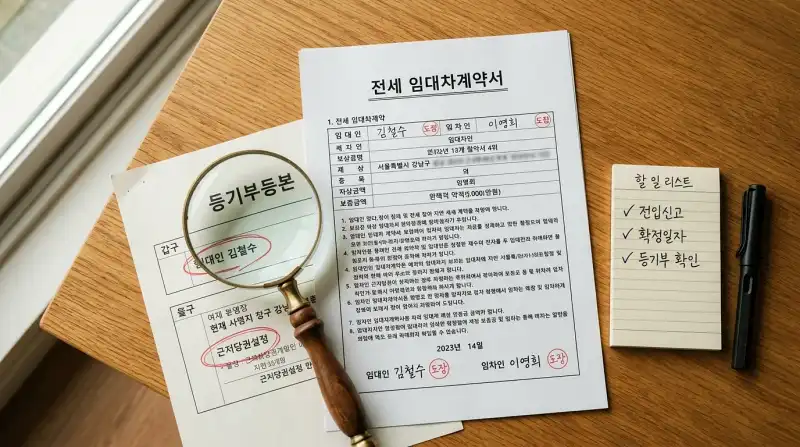 '전세 임대차계약서' + '등기부등본' 문서 위에 돋보기,