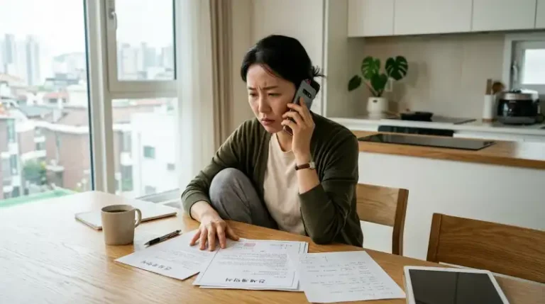 전세계약서를 검토하며 집주인에게 전화하는 걱정스러운 세입자 실사 사진