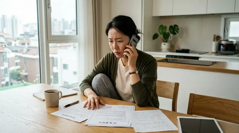 전세계약서를 검토하며 집주인에게 전화하는 걱정스러운 세입자 실사 사진
