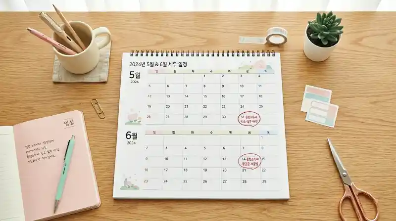  5월 신고 마감일과 6월 환급일에 빨간 동그라미가 표시된 달력과 문구류