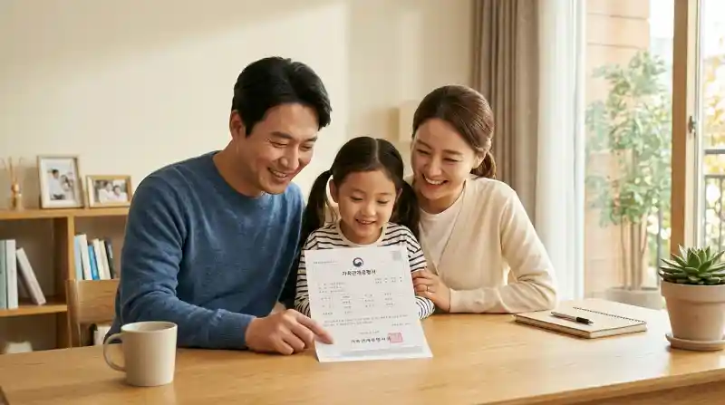 가족관계증명서 문서를 보는 가족 사진