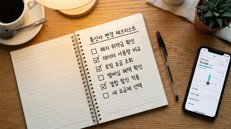 나선형 노트패드의 손글씨 체크리스트를 위에서 내려다본 플랫레이예요.