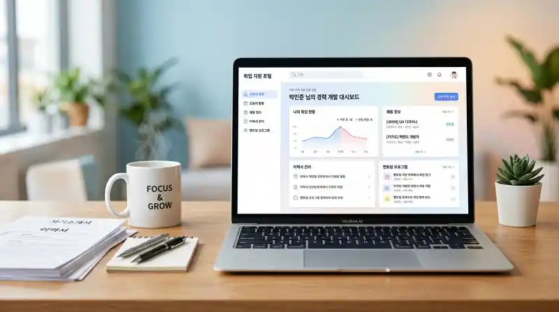 노트북과 고용지원 웹사이트 대시보드가 보이는 깔끔한 히어로 이미지