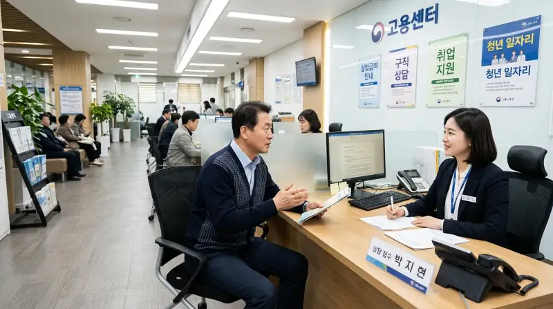 고용센터 상담 데스크에서 중년 남성이 직원과 상담하는 현장 사진
