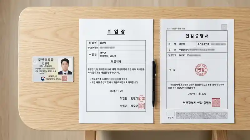 주민등록증, 위임장, 인감증명서가 놓인 평면 사진