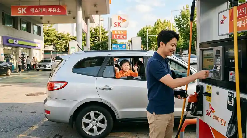 주유소에서 카드로 결제하는 가족 사진