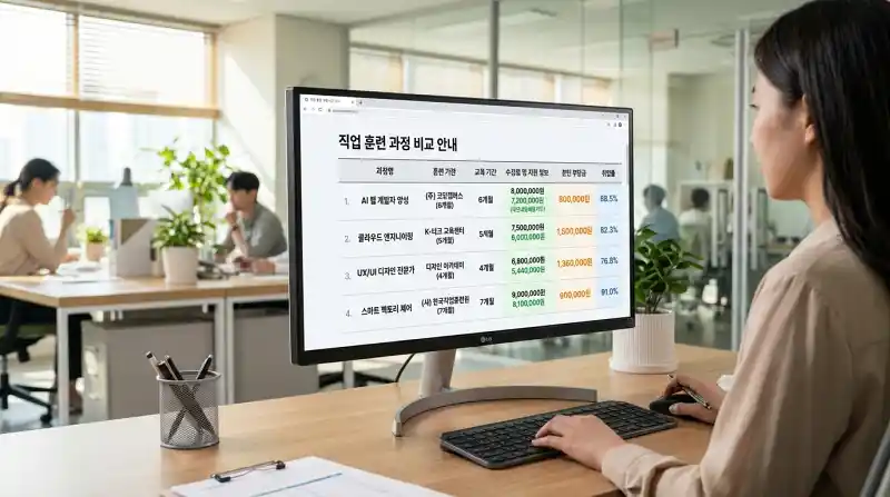 직업훈련 과정 목록과 수강료 지원 정보가 강조된 비교 화면
