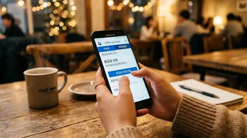 카페에서 손택스 앱의 환급 조회 메뉴를 보고 있는 스마트폰 클로즈업