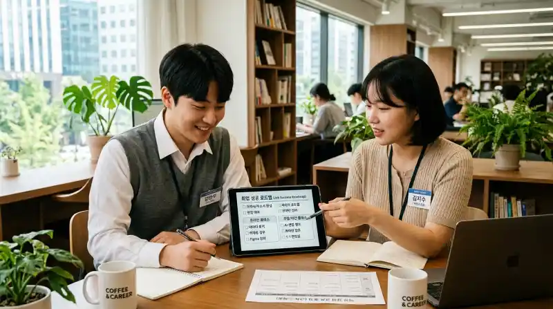 한국 직장인과 구직자가 함께 훈련 일정을 비교하는 상담 장면