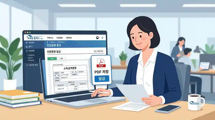 홈택스 서류 발급 화면 노트북 일러스트