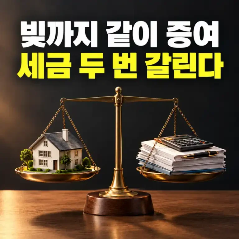 부담부증여에서 채무액과 증여분으로 나뉘는 세금 구조를 저울과 계산기로 표현한 이미지