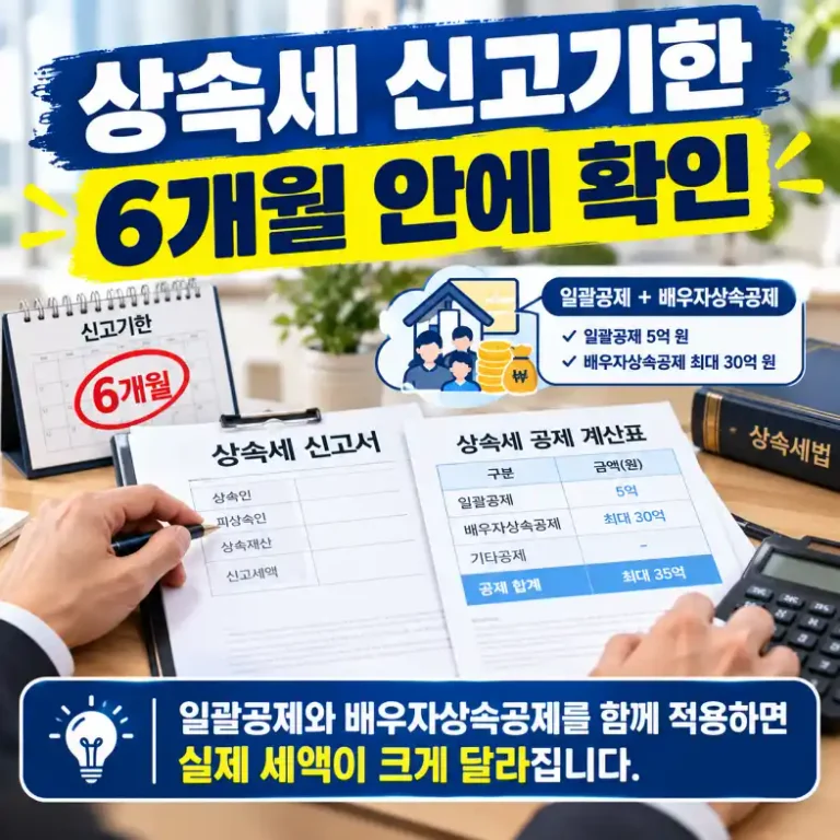 상속세 신고서와 공제 계산표를 확인하는 모습