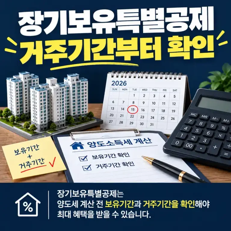 아파트 매도 전 장기보유특별공제를 계산하려고 보유기간과 거주기간을 확인하는 모습