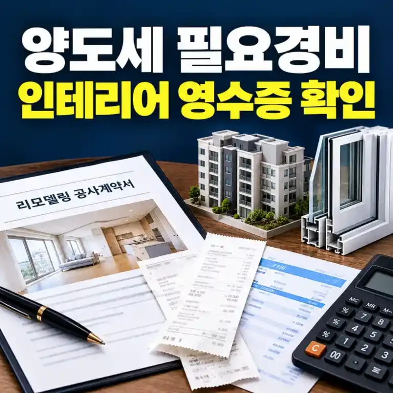 양도세 필요경비를 챙기기 위해 새시 공사 계약서와 이체 내역, 계산기를 정리하는 모습