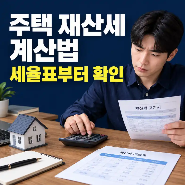 주택 재산세 계산법을 확인하며 공시가격 고지서와 계산기를 살펴보는 장면