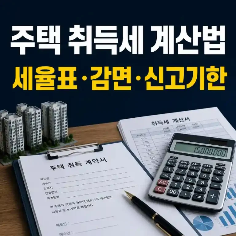 아파트 취득 계약서와 계산기로 주택 취득세 계산법을 확인하는 장면