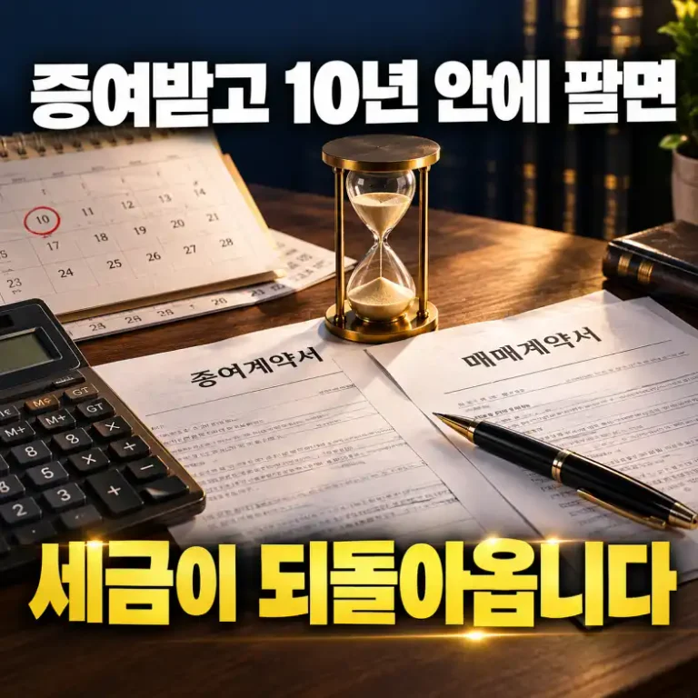 증여 후 양도 이월과세 10년 기간을 확인하기 위해 증여계약서와 매매계약서를 모래시계와 함께 비교하는 모습