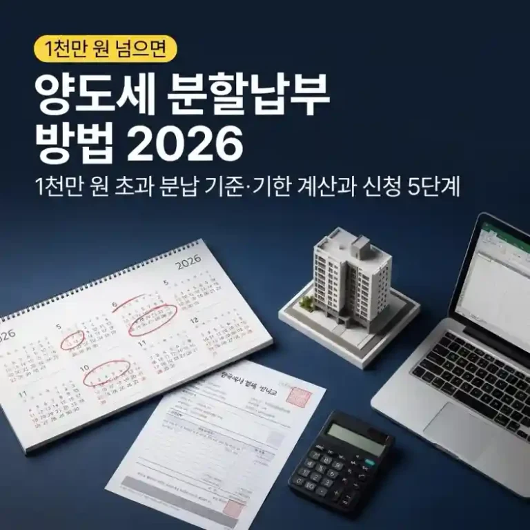 양도세 분할납부 기한을 달력에 표시하며 납부서와 계산기를 확인하는 모습