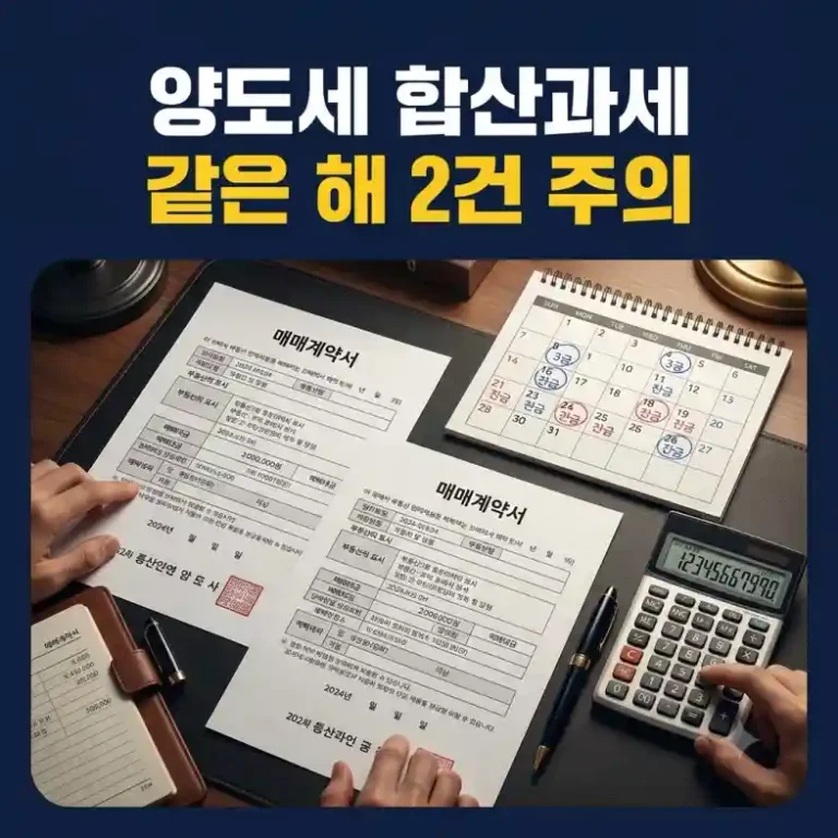 양도세 합산과세를 계산하기 위해 매매계약서 두 부와 달력의 잔금일을 함께 확인하는 모습