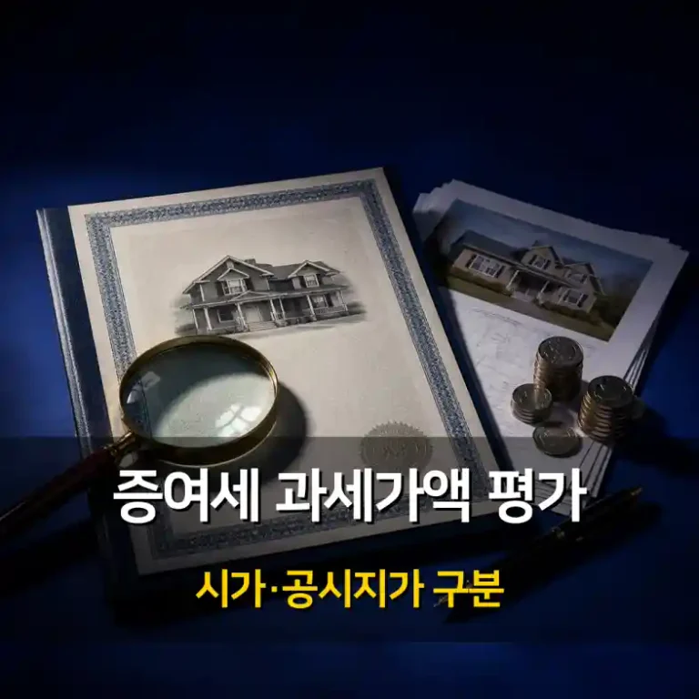 서류철과 돋보기, 주택 문서가 놓인 책상 위 증여세 과세가액 평가 안내 이미지