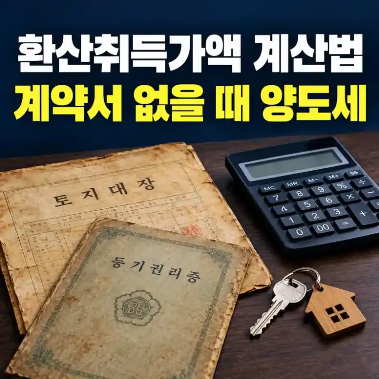 환산취득가액을 계산하려고 오래된 등기 서류와 공시지가 자료를 계산기 옆에서 확인하는 토지 소유자